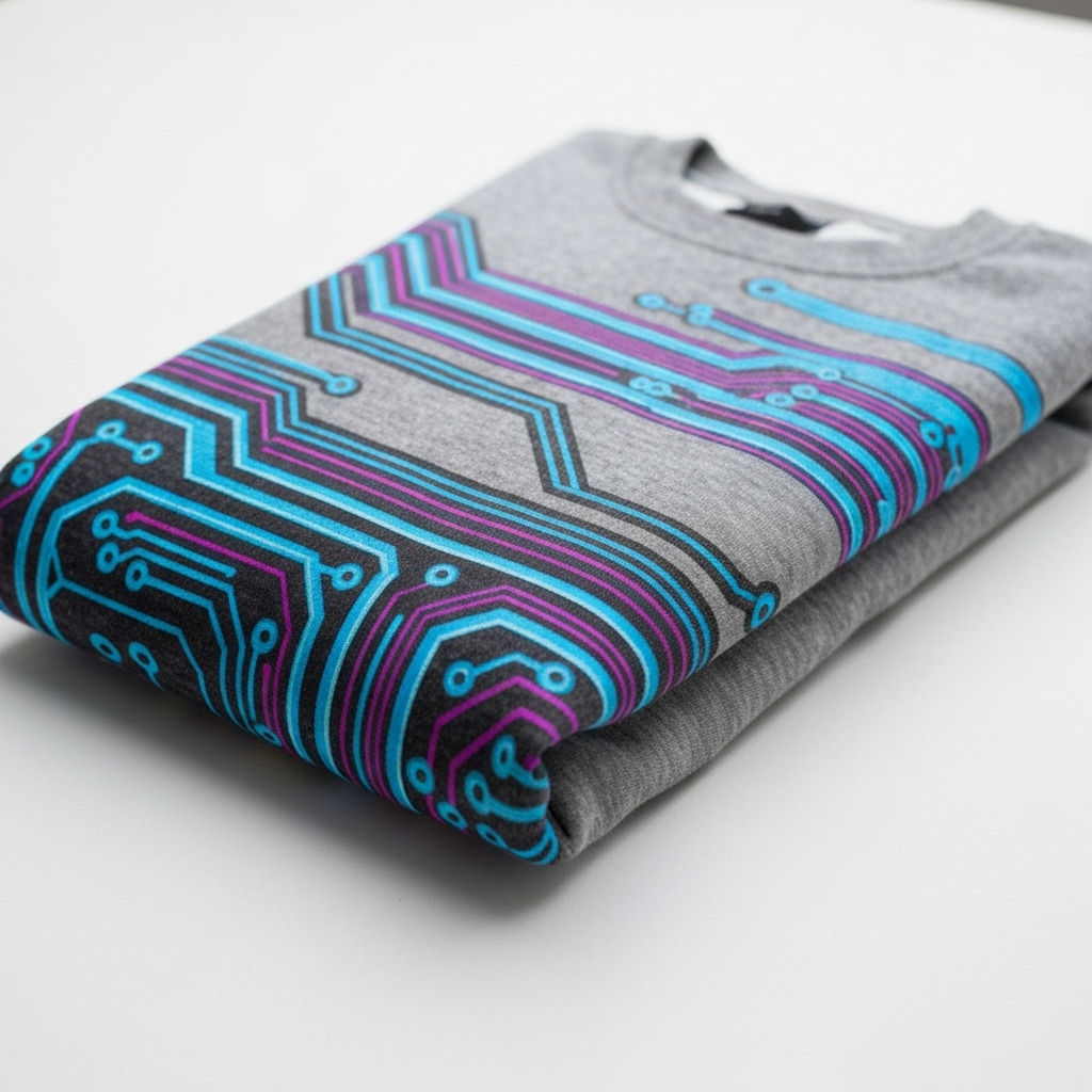 Una felpa grigia con una stampa stilizzata e futuristica raffigurante un circuito stampato.