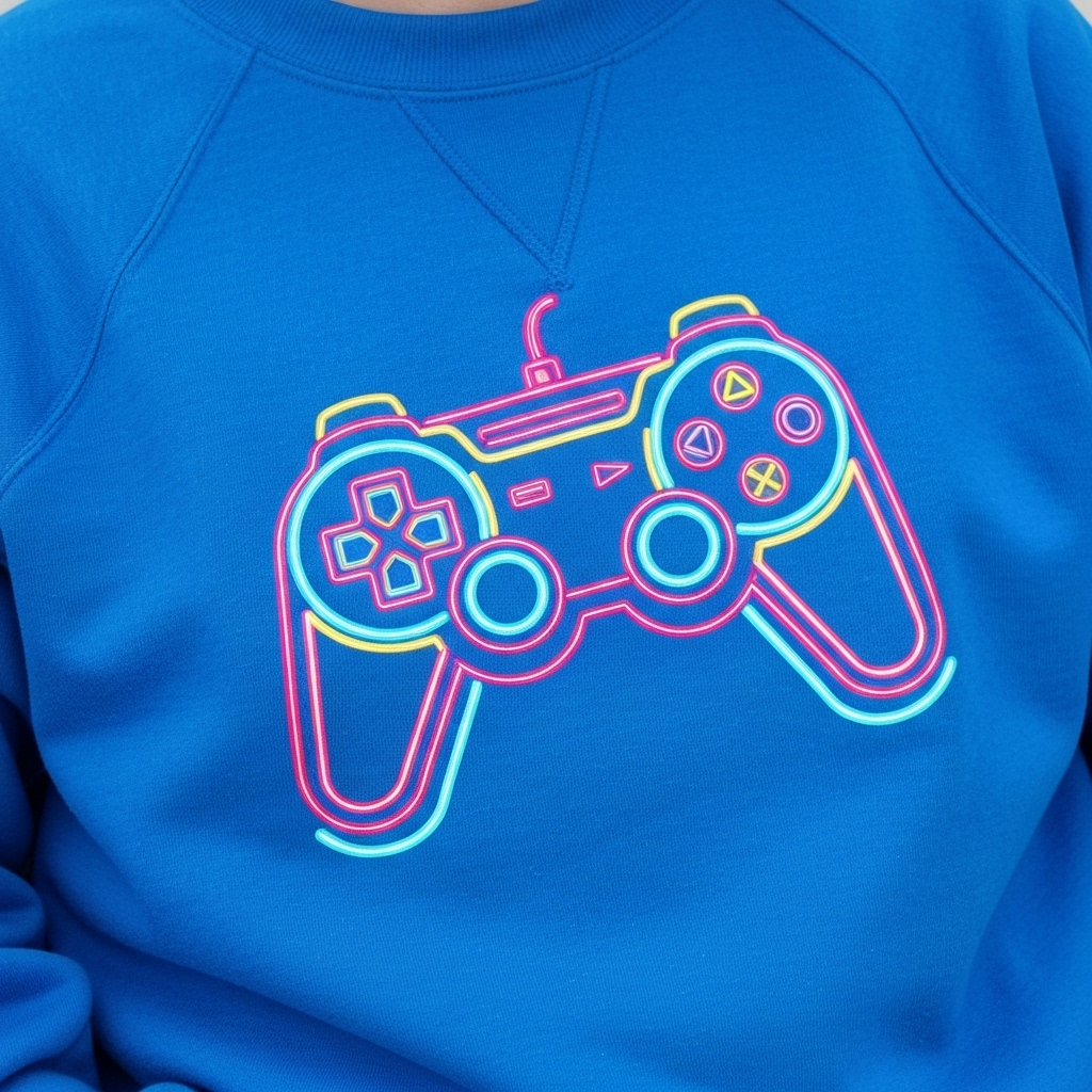 A bright, electric blue sweatshirt with a neon-style graphic of a game controller.