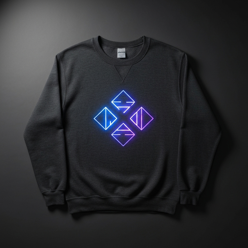 Una felpa scura con un simbolo astratto, luminoso e discreto ispirato al mondo dei videogiochi.
