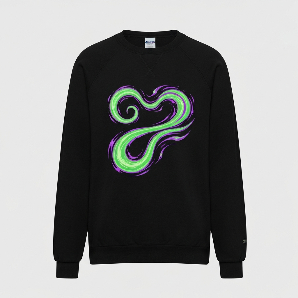 Una felpa nera con una grafica stilizzata e fluida ispirata a un videogioco fantasy.